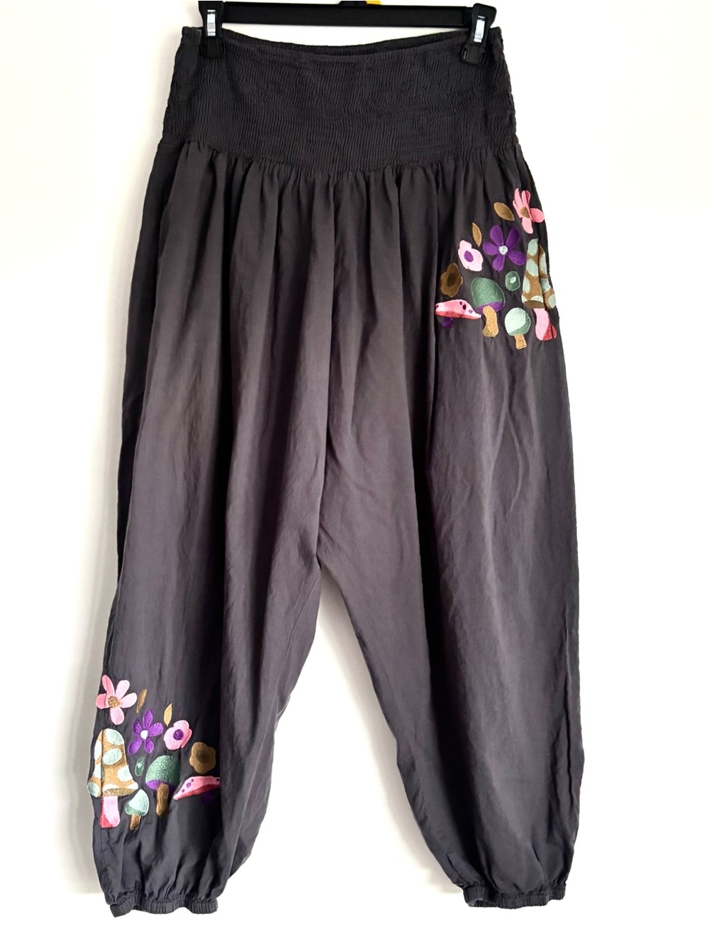 Boho Mushrooms Embroidered Smocked High Waist Harem Pants One Size